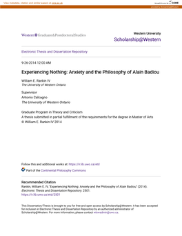 Experiencing Nothing: Anxiety and the Philosophy of Alain Badiou