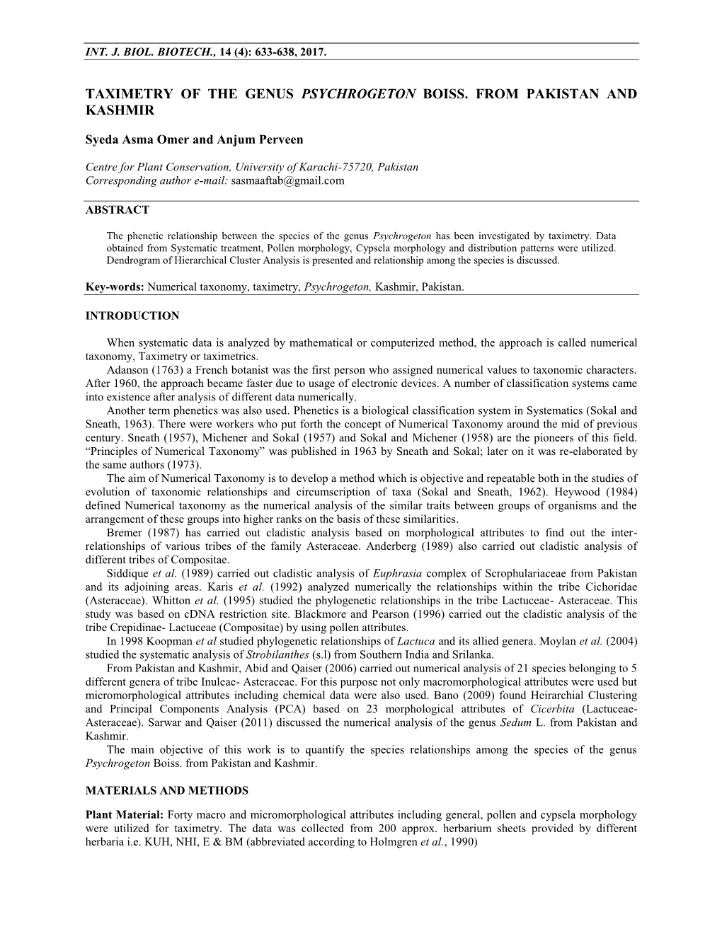 Taximetry of the Genus Psychrogeton Boiss. from Pakistan and Kashmir