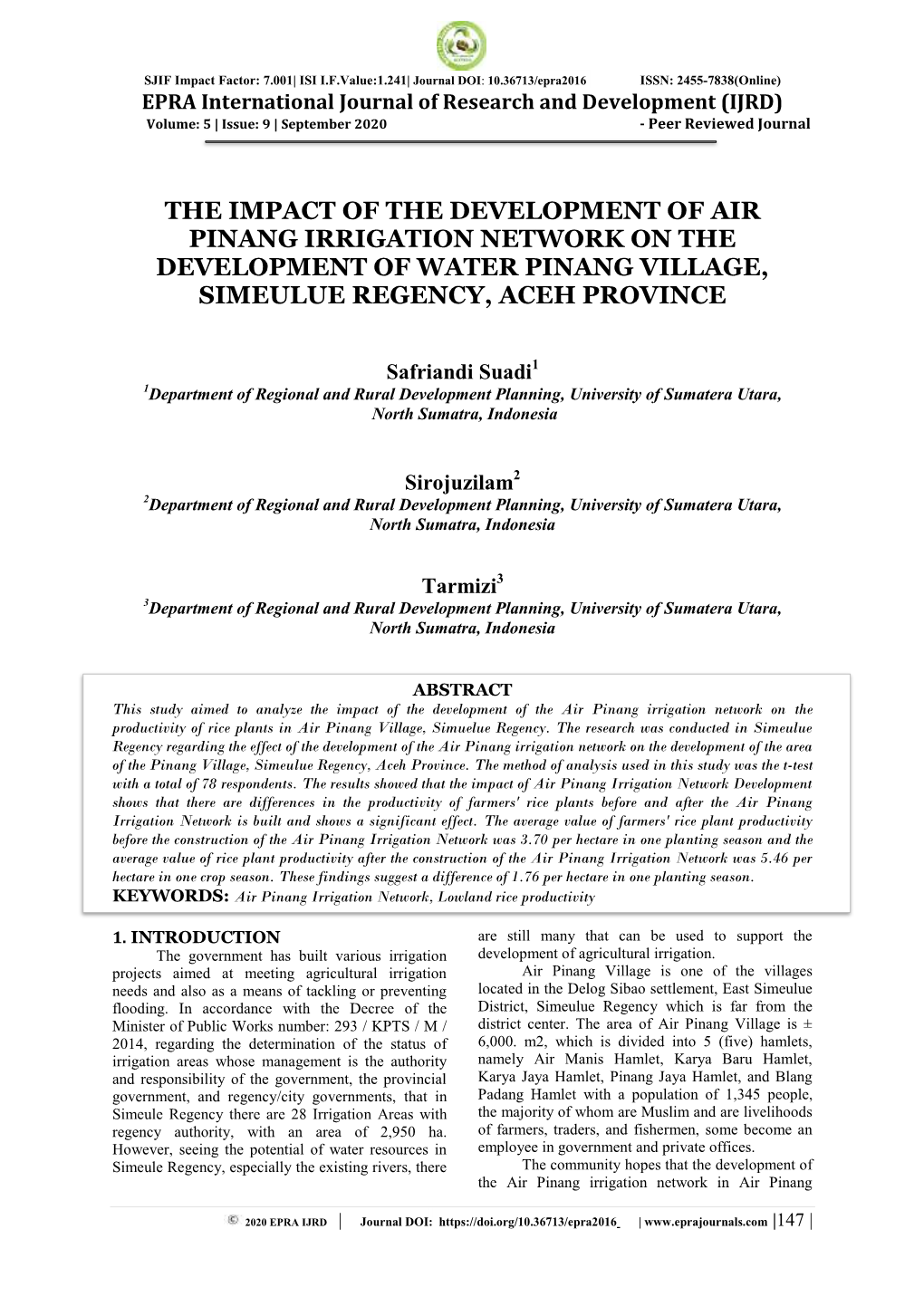 The Impact of the Development of Air Pinang Irrigation Network on the Development of Water Pinang Village, Simeulue Regency, Aceh Province