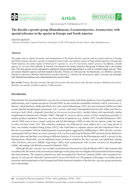 The Bacidia Coprodes Group (Ramalinaceae, Lecanoromycetes, Ascomycota), with Special Reference to the Species in Europe and North America