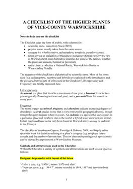A Checklist of the Higher Plants of Vice-County Warwickshire