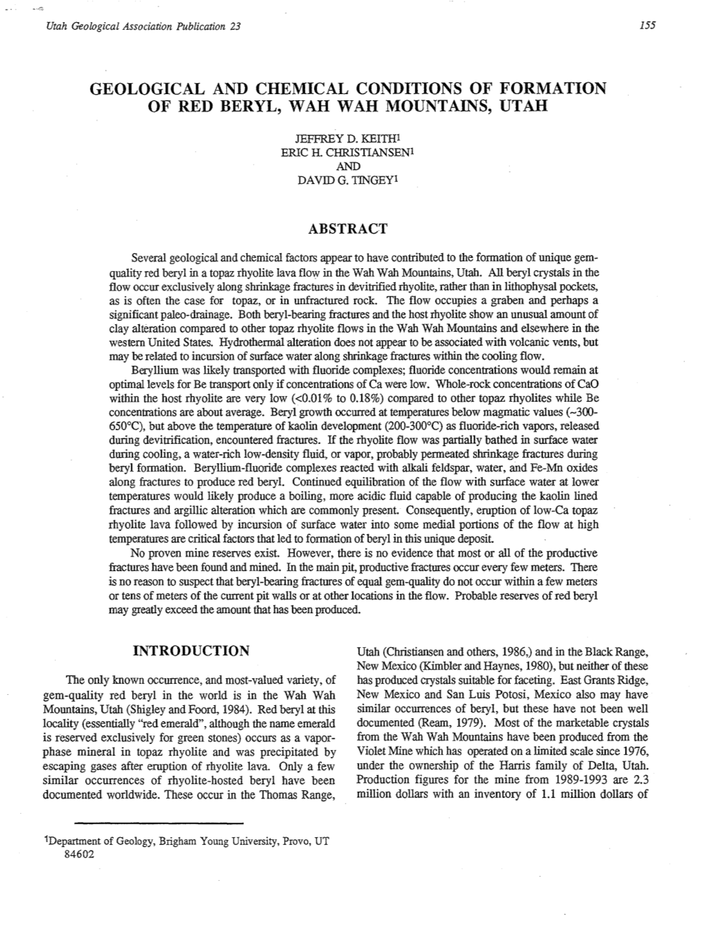 Geological and Chemical Conditions of Formation of Red Beryl, Wah Wah Mountains, Utah