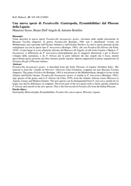 Una Nuova Specie Di Pseudoscilla (Gastropoda, Pyramidellidae) Dal Pliocene Della Liguria Maurizio Sosso, Bruno Dell’Angelo & Antonio Bonfitto