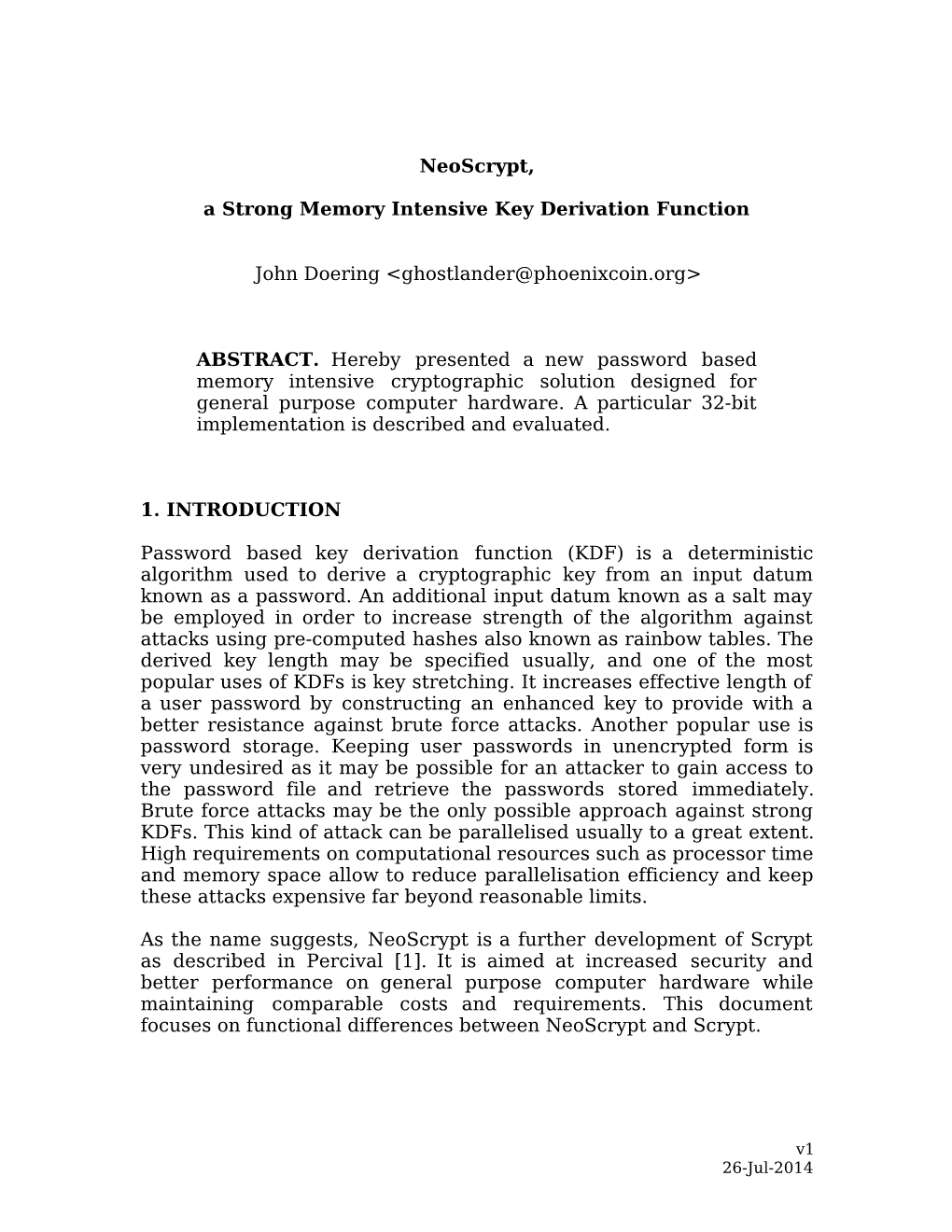 Neoscrypt, a Strong Memory Intensive Key Derivation Function