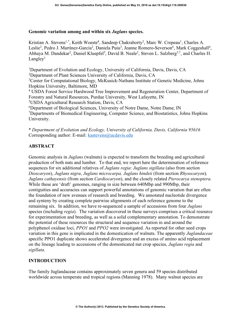 Genomic Variation Among and Within Six Juglans Species