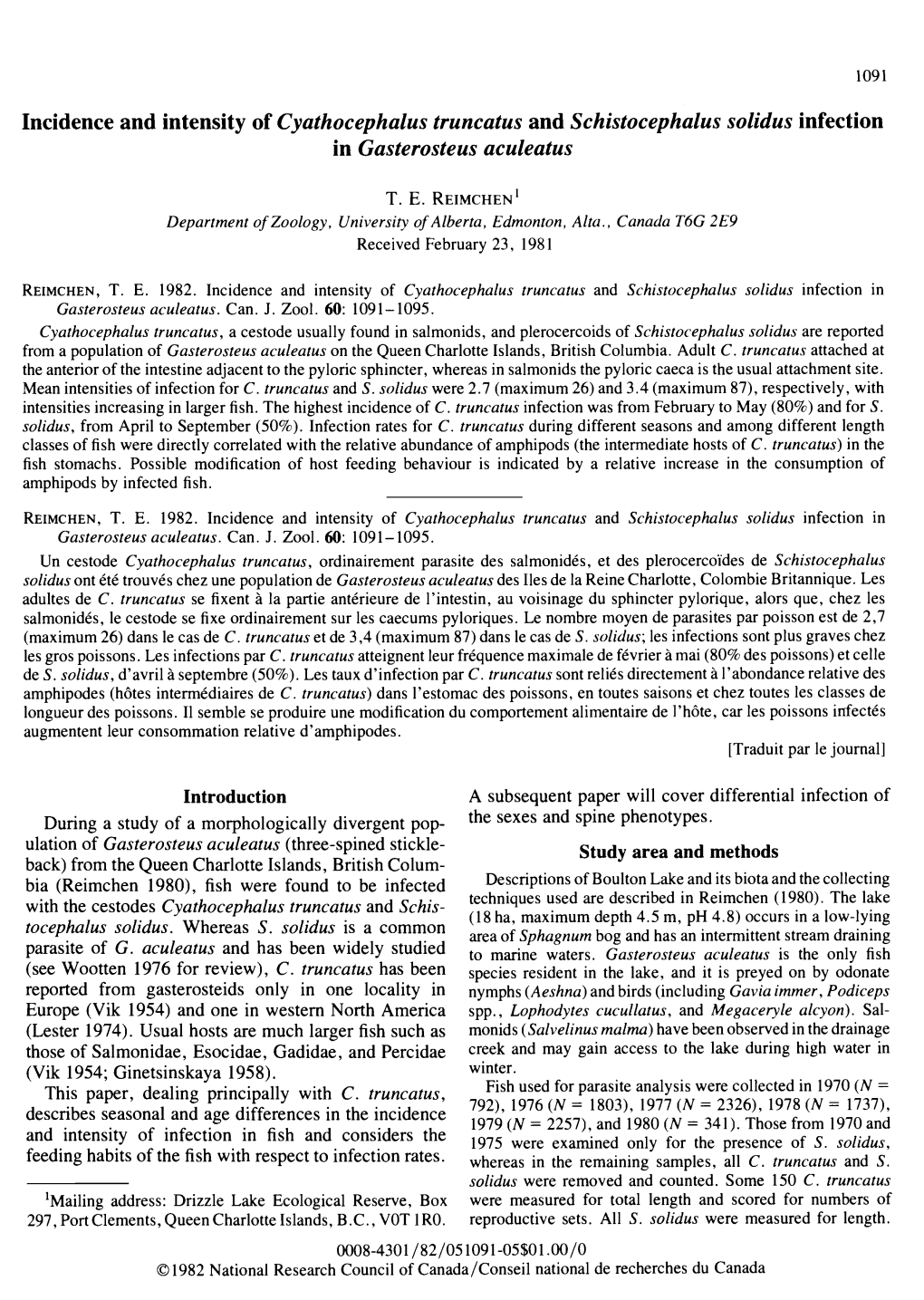 Incidence and Intensity of Cyathocephalus Truncatus and Schistocephalus Solidus Infection in Gasterosteus Aculeatus