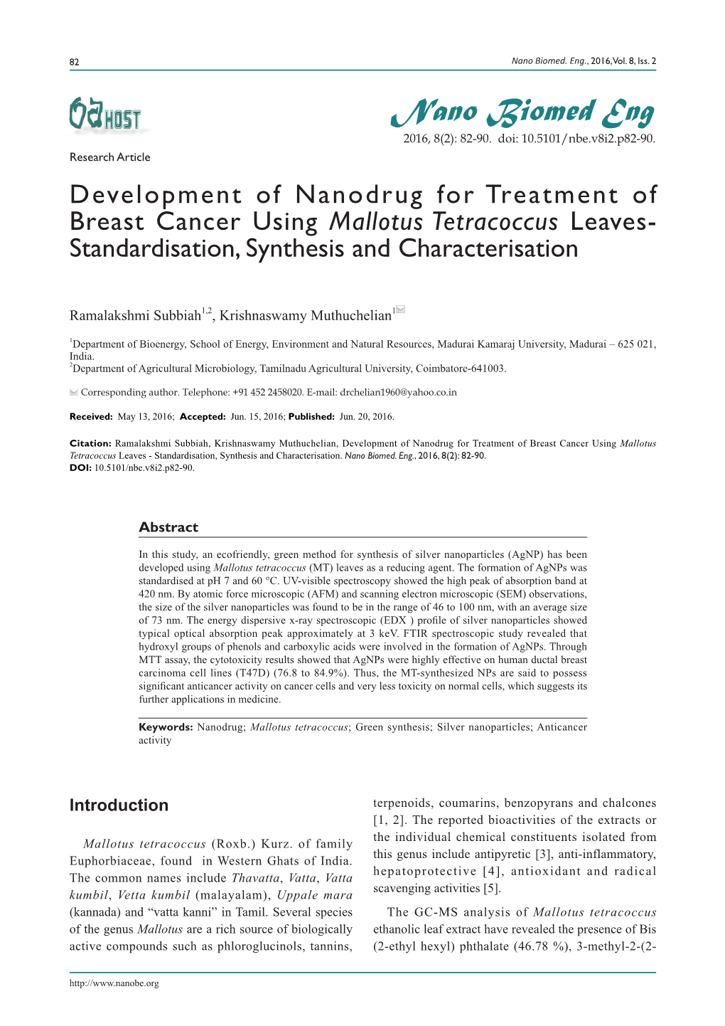 Mallotus Tetracoccus Leaves- Standardisation, Synthesis and Characterisation