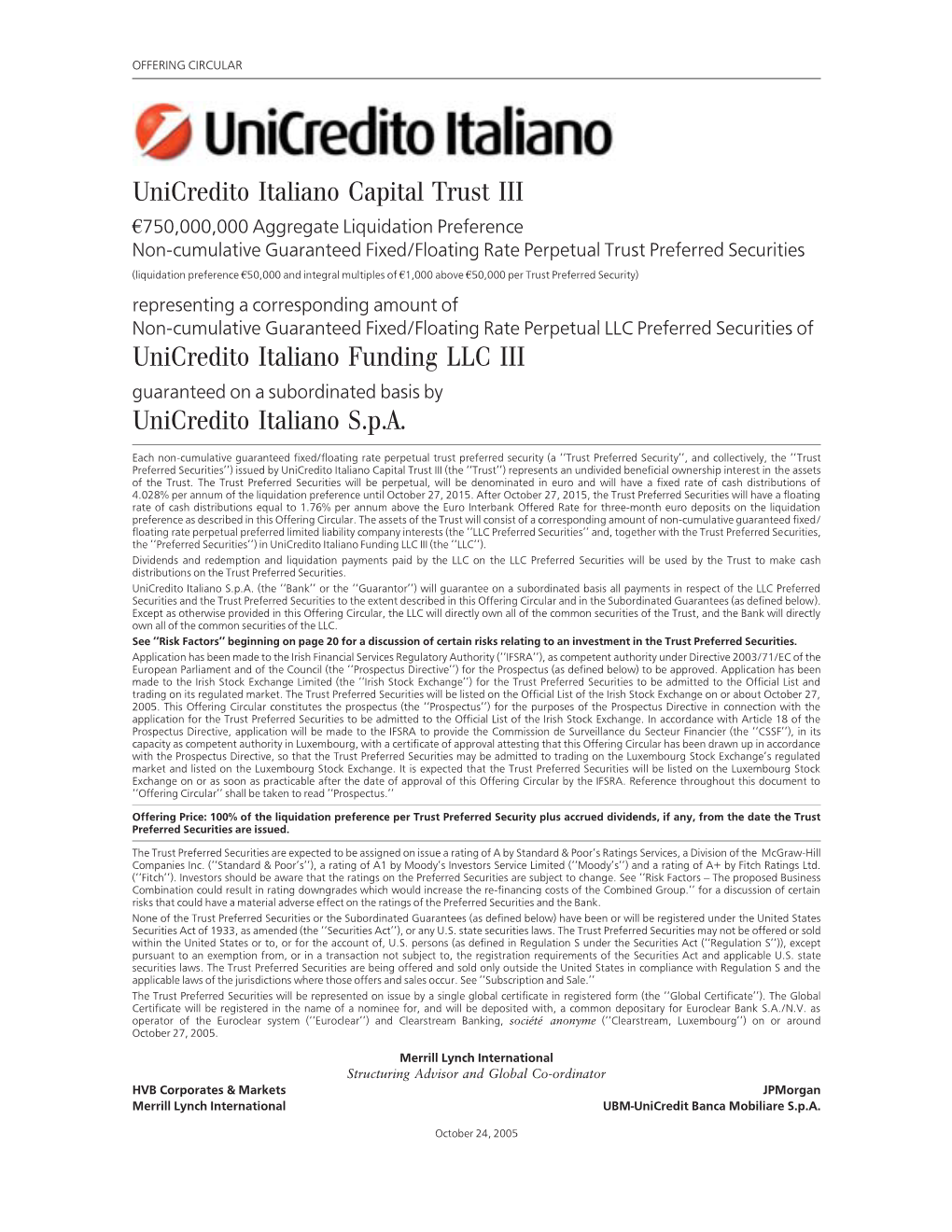 Unicredito Italiano Capital Trust III Unicredito Italiano Funding LLC III