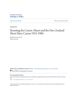 Maori and the New Zealand Short Story Canon 1953-1984 Rachel Lacasse-Ford Purdue University