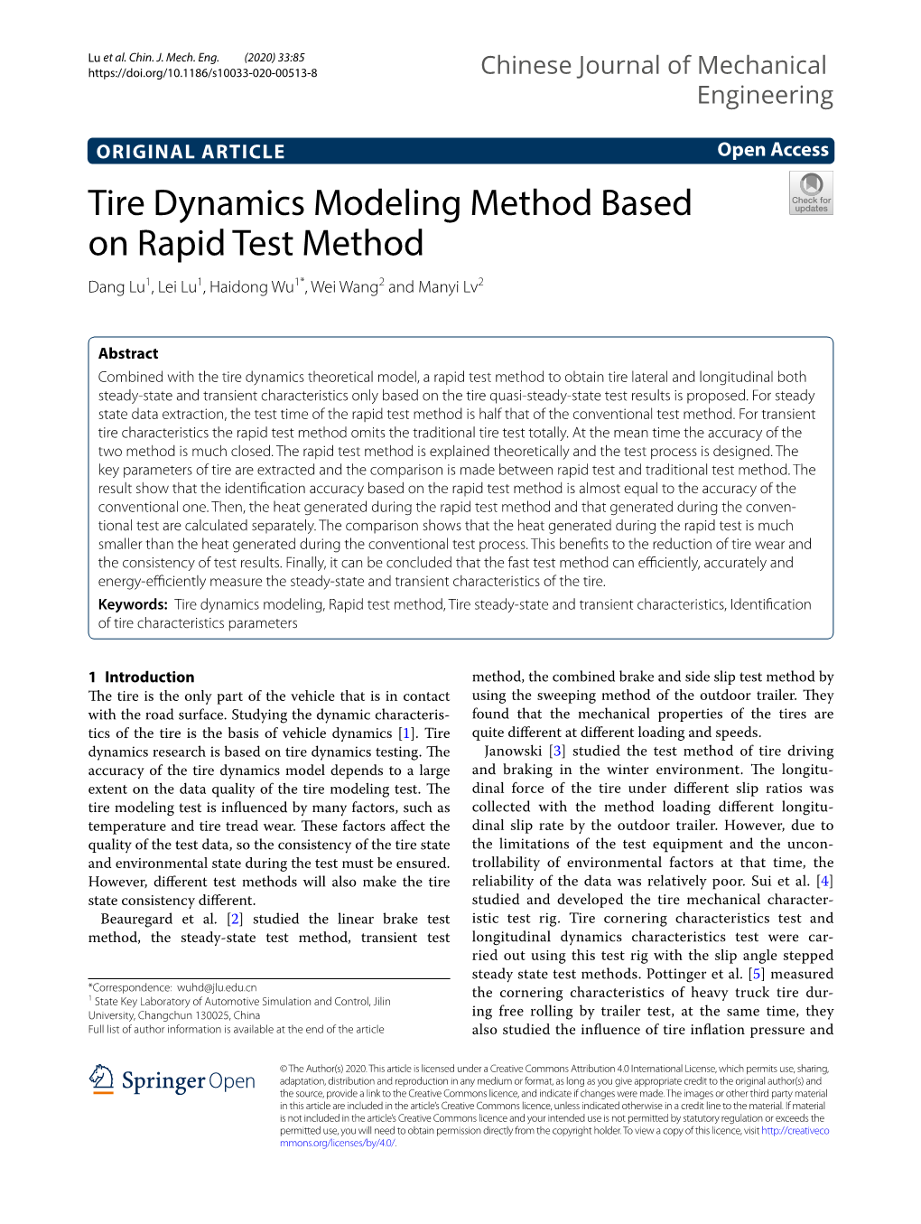 Tire Dynamics Modeling Method Based on Rapid Test Method Dang Lu1, Lei Lu1, Haidong Wu1*, Wei Wang2 and Manyi Lv2