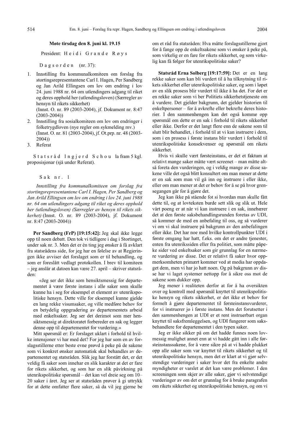 2004 514 Møte Tirsdag Den 8. Juni Kl. 19.15 President