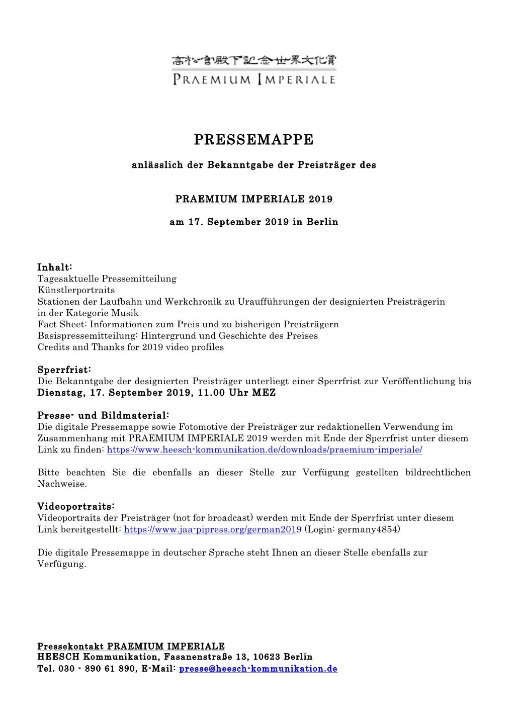 PRAEMIUM IMPERIALE Pressemappe 2019