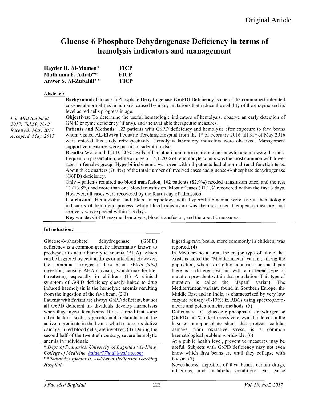 Glucose-6 Phosphate Dehydrogenase Deficiency in Terms of Hemolysis Indicators Hayderoriginal H