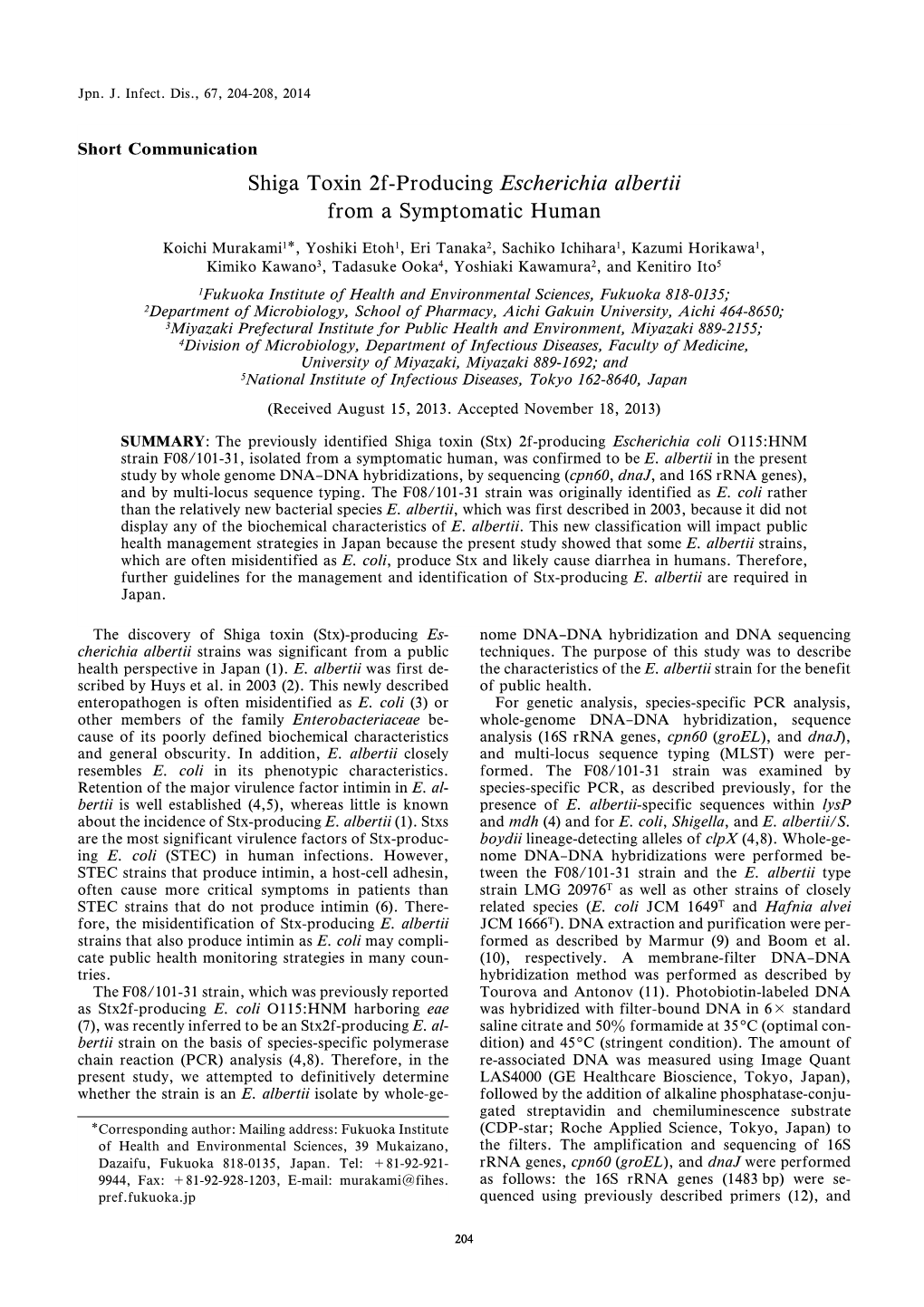 Shiga Toxin 2F-Producing Escherichia Albertii from a Symptomatic Human