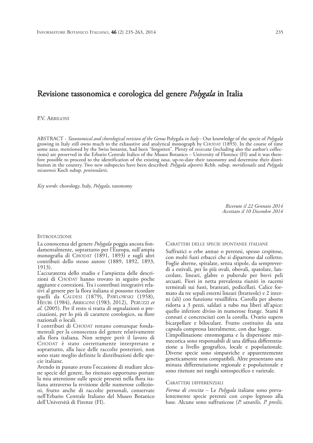 Revisione Tassonomica E Corologica Del Genere Polygala in Italia