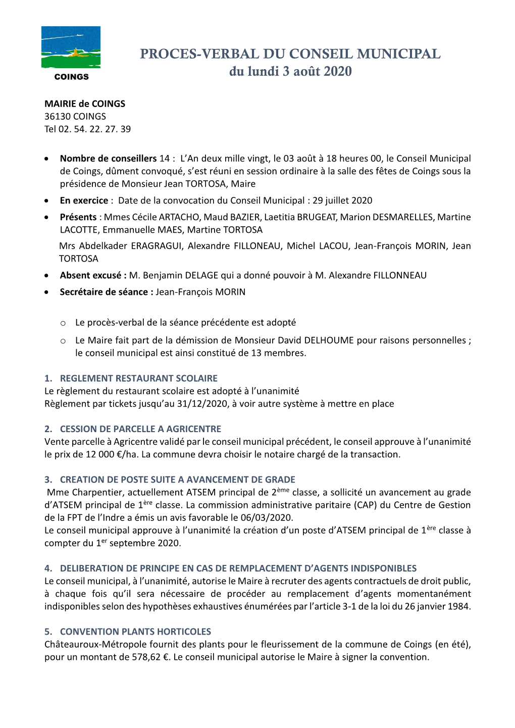 PROCES-VERBAL DU CONSEIL MUNICIPAL Du Lundi 3 Août 2020