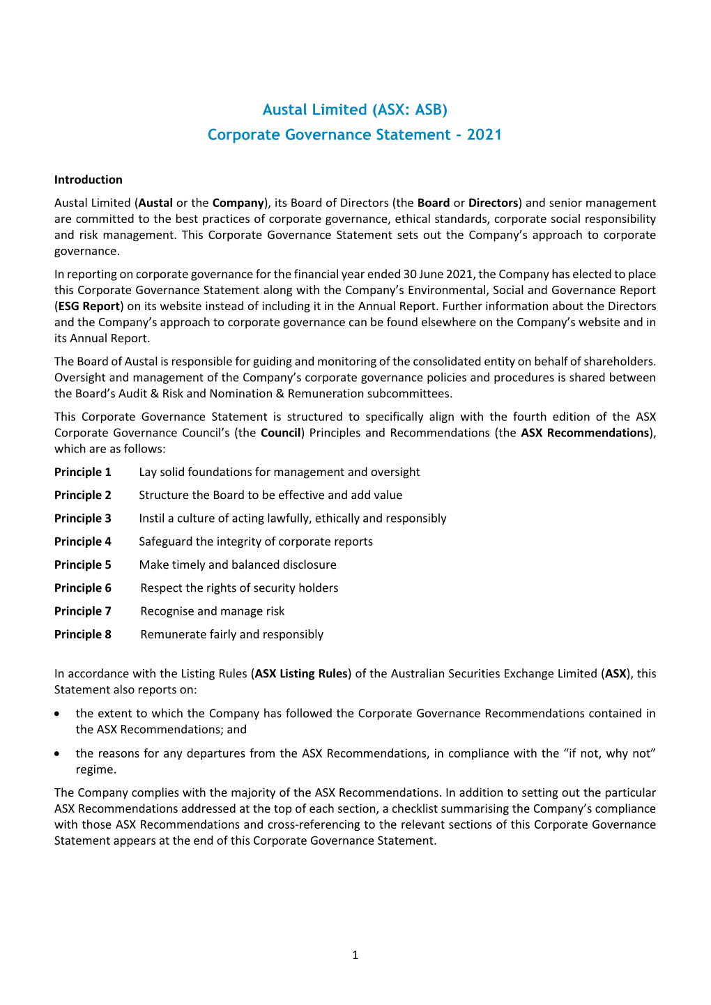 Austal Limited (ASX: ASB) Corporate Governance Statement