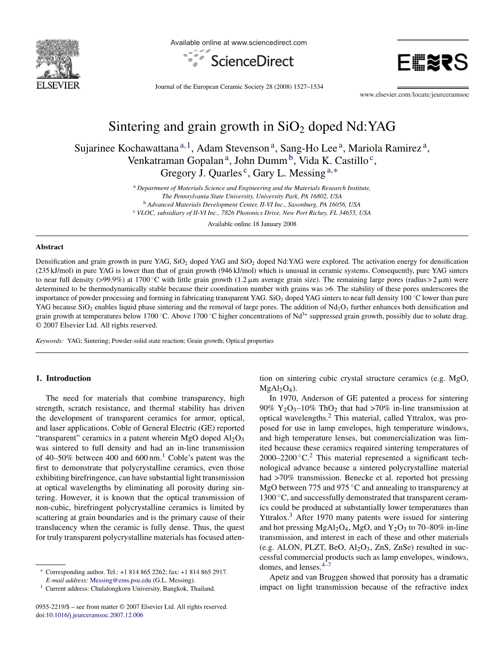 Sintering and Grain Growth in Sio2 Doped Nd:YAG