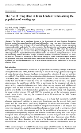 The Rise of Living Alone in Inner London: Trends Among the Population of Working Age