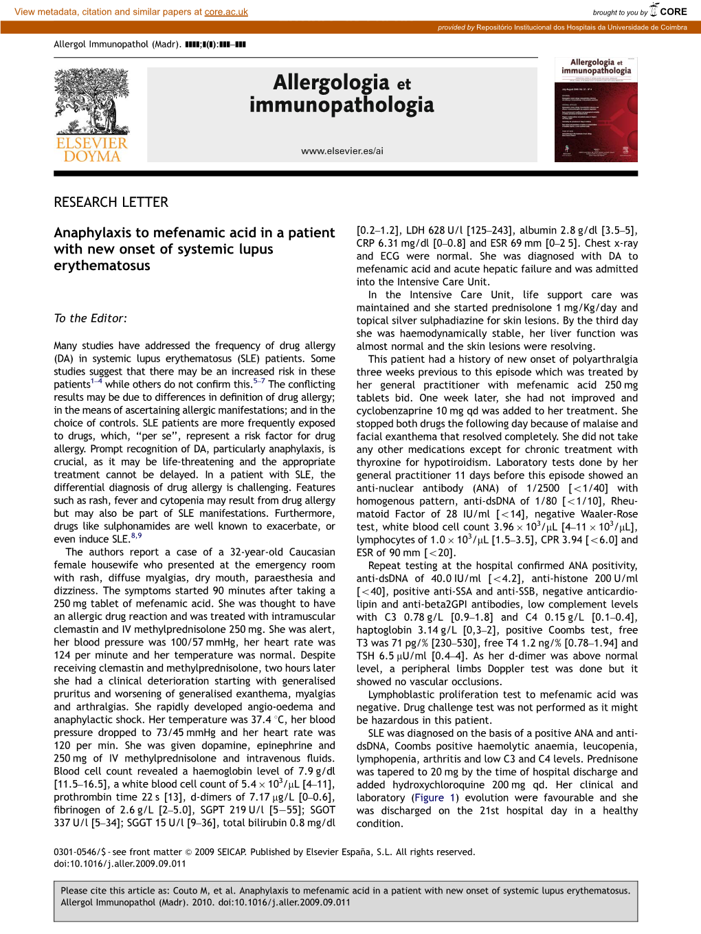 Anaphylaxis to Mefenamic Acid in a Patient with New Onset of Systemic Lupus Erythematosus