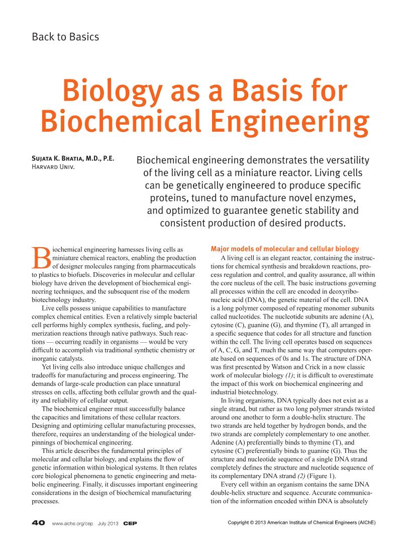 Biology As a Basis for Biochemical Engineering