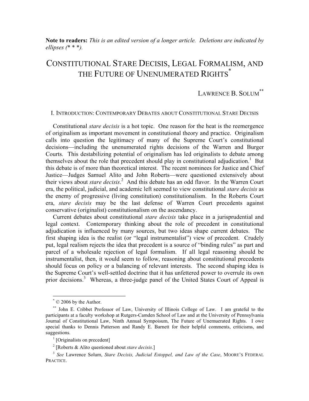 Constitutional Stare Decisis, Legal Formalism, and the Future of Unenumerated Rights*