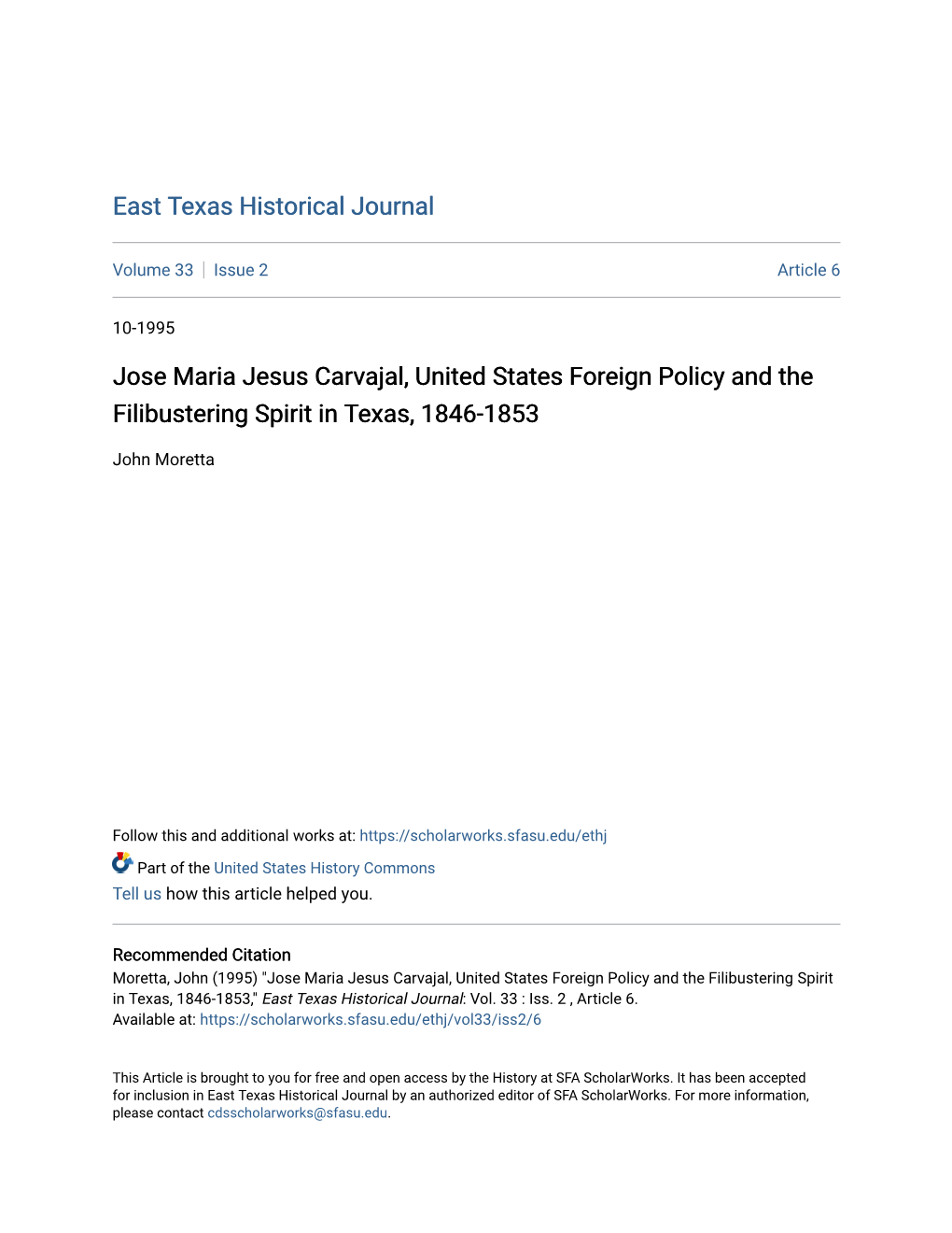 Jose Maria Jesus Carvajal, United States Foreign Policy and the Filibustering Spirit in Texas, 1846-1853