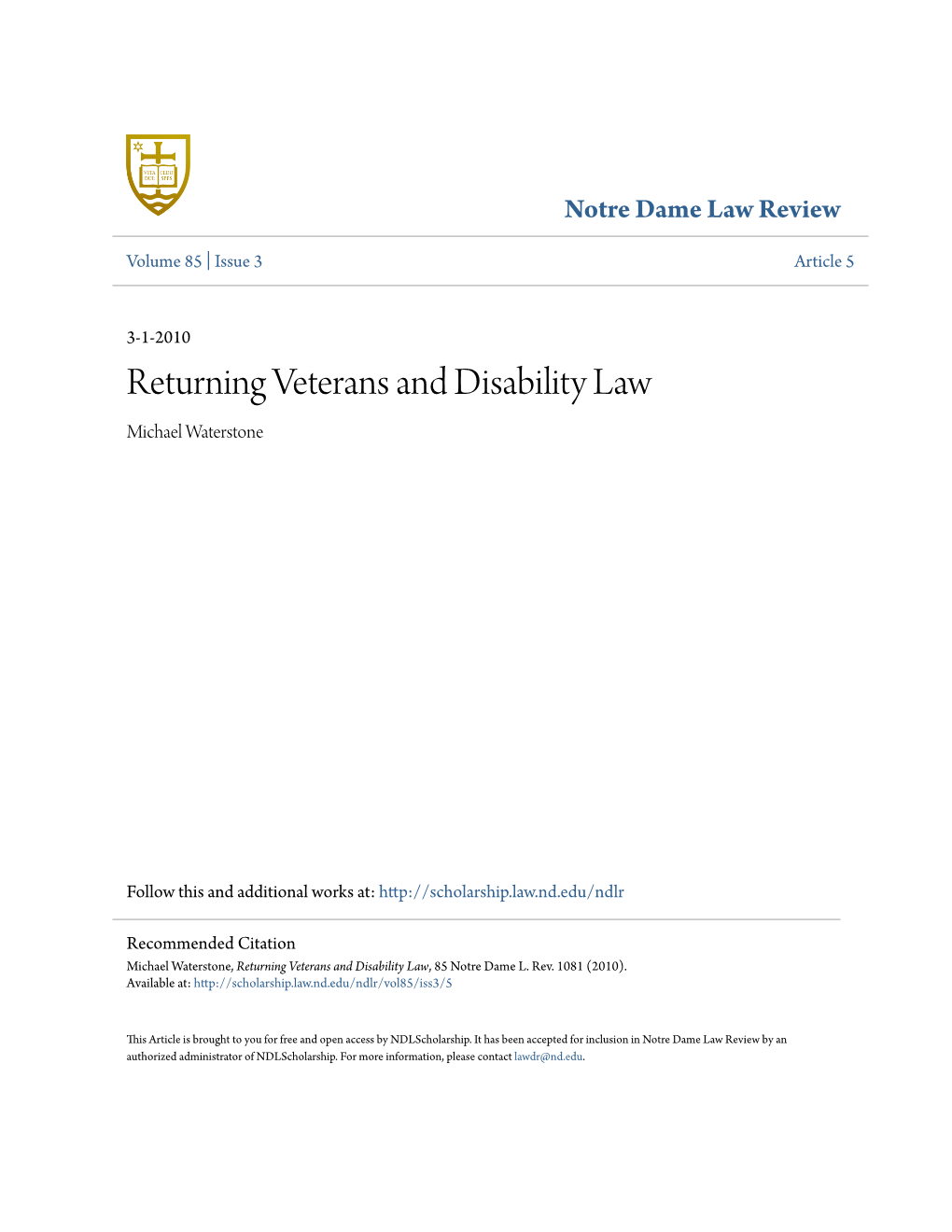 Returning Veterans and Disability Law Michael Waterstone