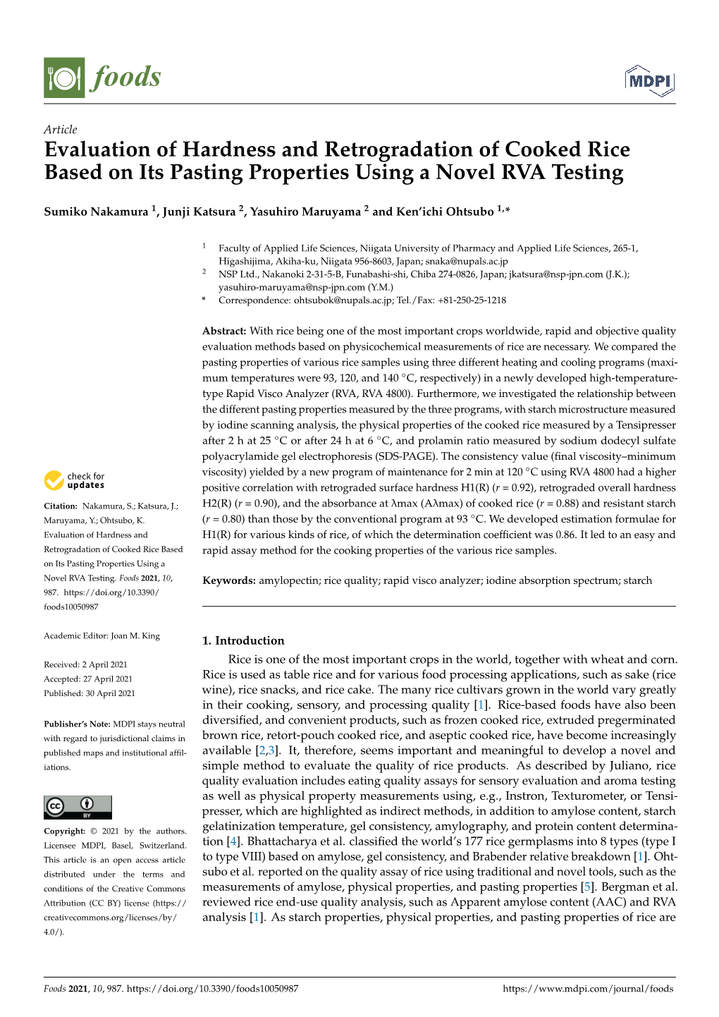 Evaluation of Hardness and Retrogradation of Cooked Rice Based on Its Pasting Properties Using a Novel RVA Testing