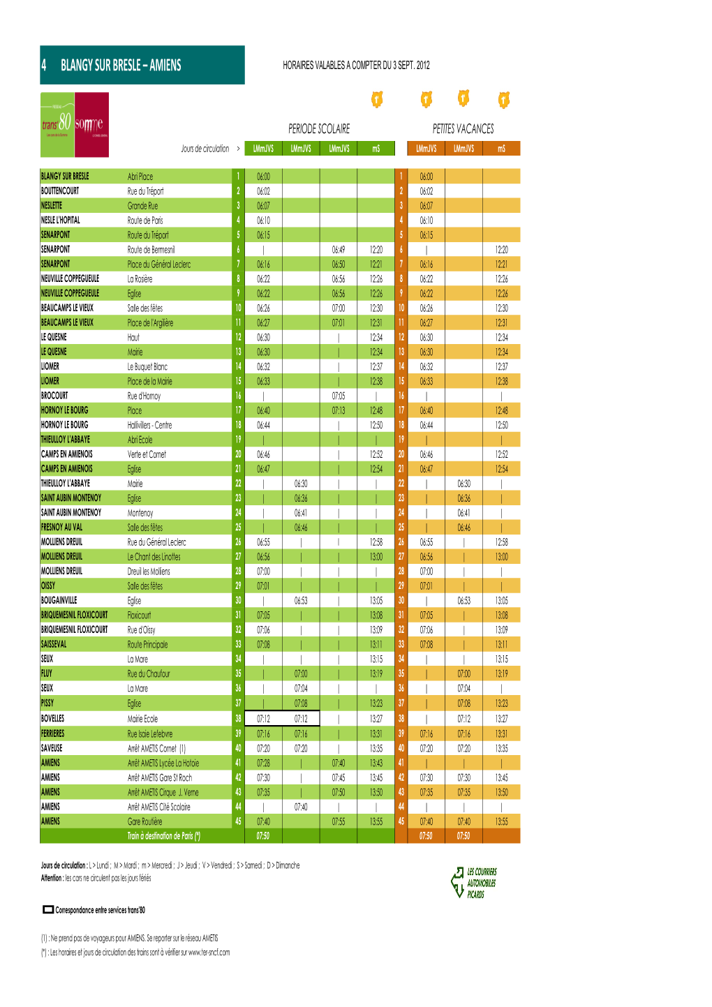 4 Blangy Sur Bresle – Amiens Horaires Valables a Compter Du 3 Sept