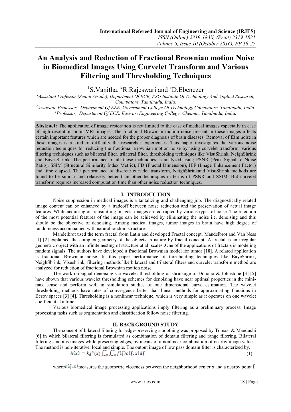 An Analysis and Reduction of Fractional Brownian Motion Noise in Biomedical Images Using Curvelet Transform and Various Filtering and Thresholding Techniques