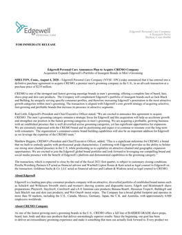 FOR IMMEDIATE RELEASE Edgewell Personal