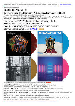 PAUL Mccartney: 4Er Set 2018Er Colour-Vinyl-Lps THRILLINGTON / WINGS GREATEST / CHAOS and CREATION in the BACK YARD / NEW