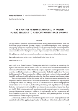 The Right of Persons Employed in Polish Public Services to Association in Trade Unions