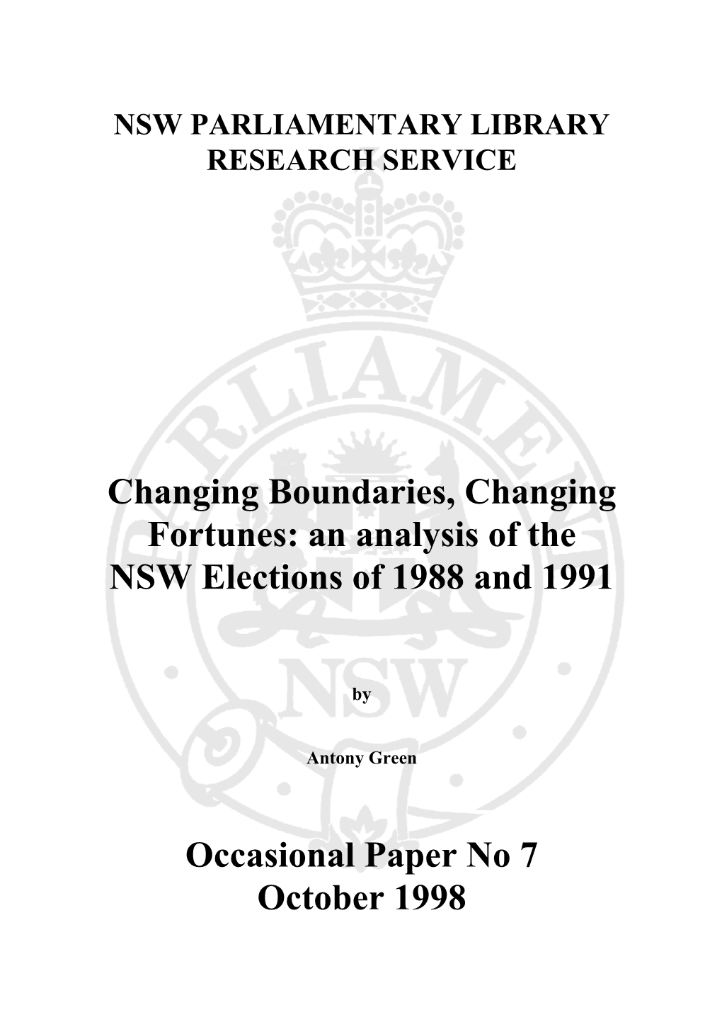 An Analysis of the NSW Elections of 1988 and 1991 Occasional