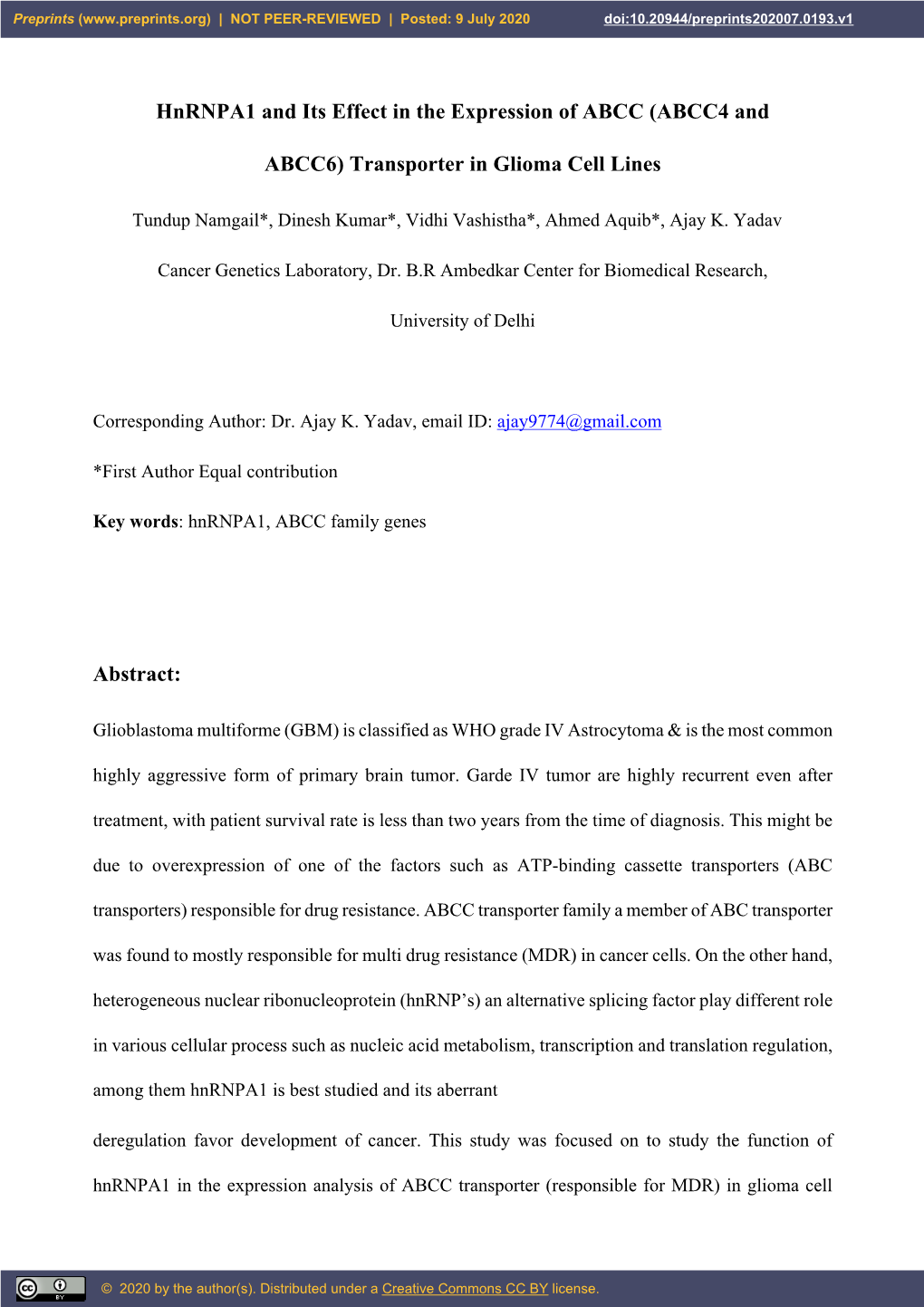 Hnrnpa1 and Its Effect in the Expression of ABCC (ABCC4 and ABCC6)