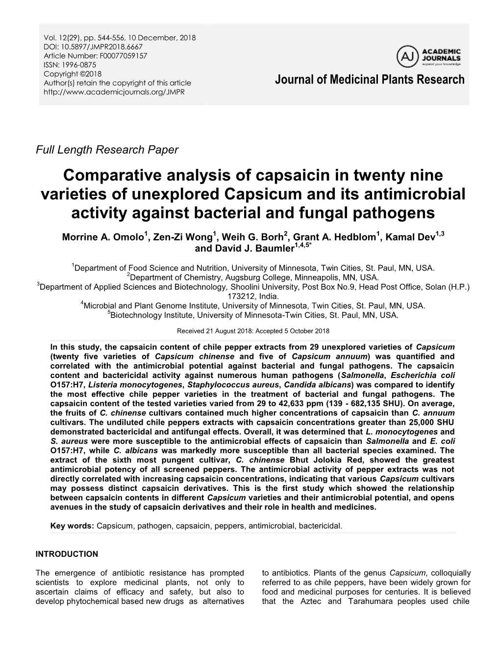 Comparative Analysis of Capsaicin in Twenty Nine Varieties of Unexplored Capsicum and Its Antimicrobial Activity Against Bacterial and Fungal Pathogens