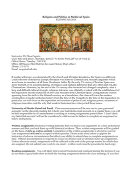 Religion and Politics in Medieval Spain EUH4930 Fall 2016