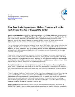 Obie Award-Winning Composer Michael Friedman Will Be the Next