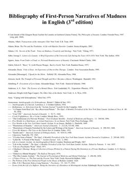 Bibliography of First-Person Narratives of Madness in English (3Rd Edition)