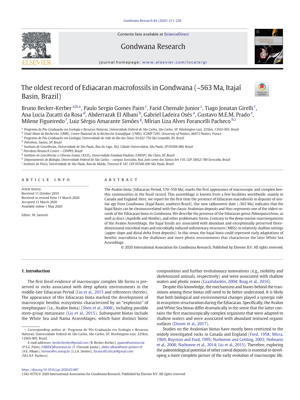 The Oldest Record of Ediacaran Macrofossils in Gondwana (~563 Ma, Itajaí Basin, Brazil)