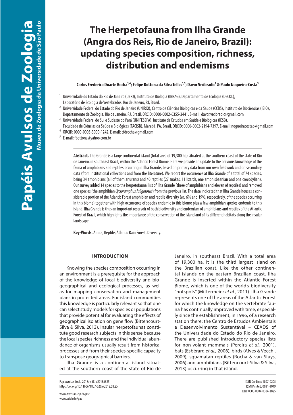 The Herpetofauna from Ilha Grande (Angra Dos Reis, Rio De Janeiro, Brazil): Updating Species Composition, Richness, Distribution and Endemisms