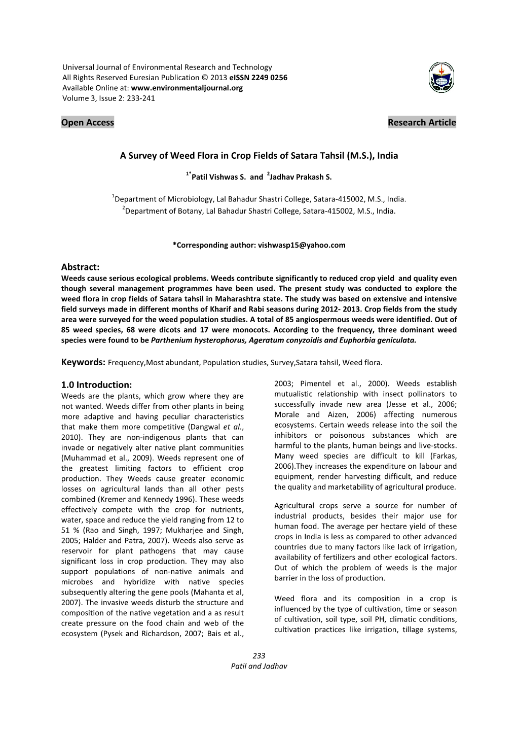 Open Access Research Article a Survey of Weed Flora in Crop