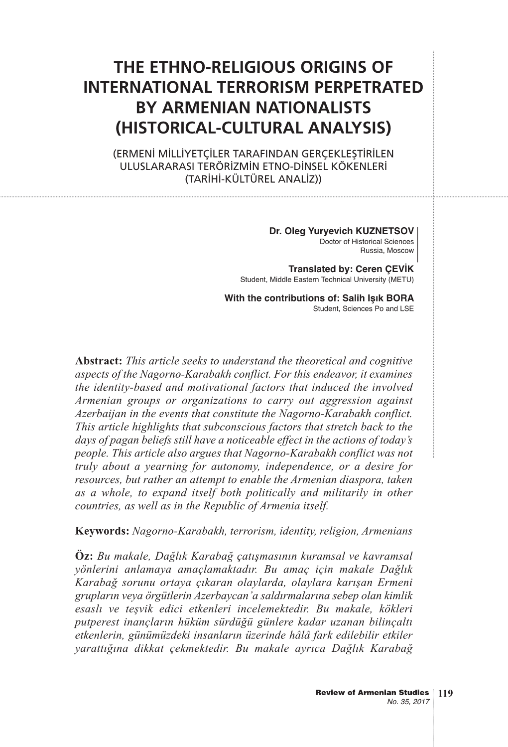 The Ethno-Religious Origins of International Terrorism Perpetrated by Armenian Nationalists (Historical-Cultural Analysis)