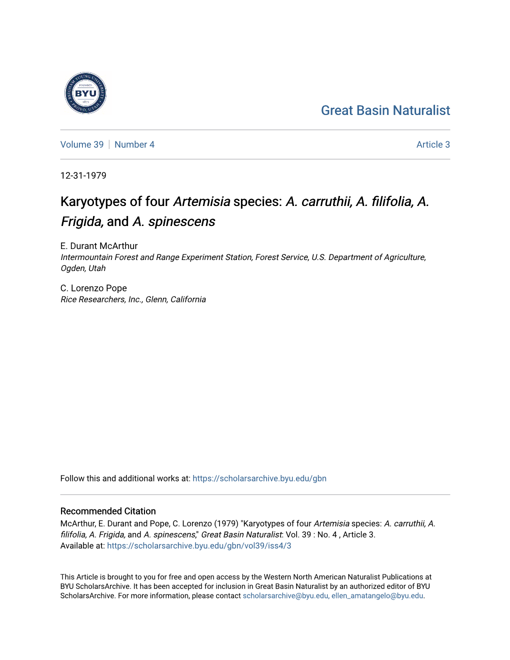 Karyotypes of Four Artemisia Species: A