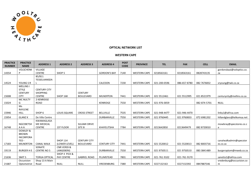 Optical Network List Western Cape