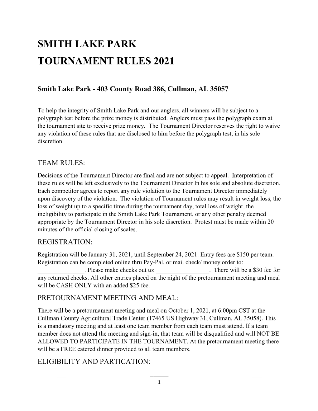 Smith Lake Park Tournament Rules 2021
