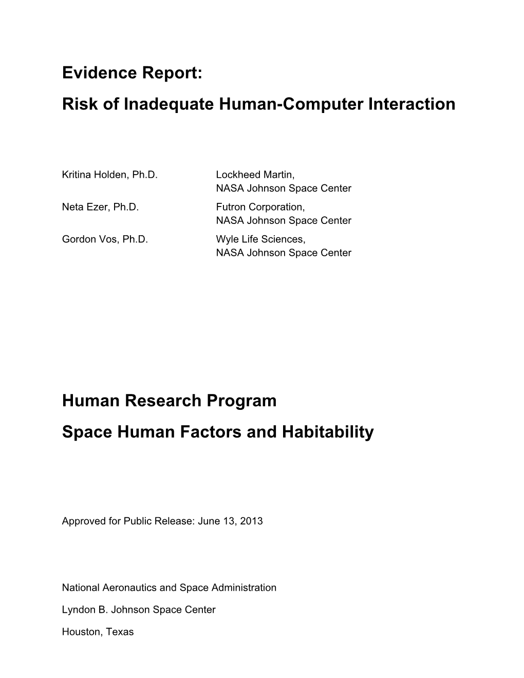 Risk of Inadequate Human-Computer Interaction