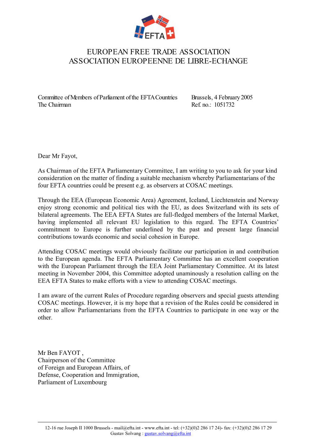 Letter from the Chairman of EFTA's Parliamentary Committee