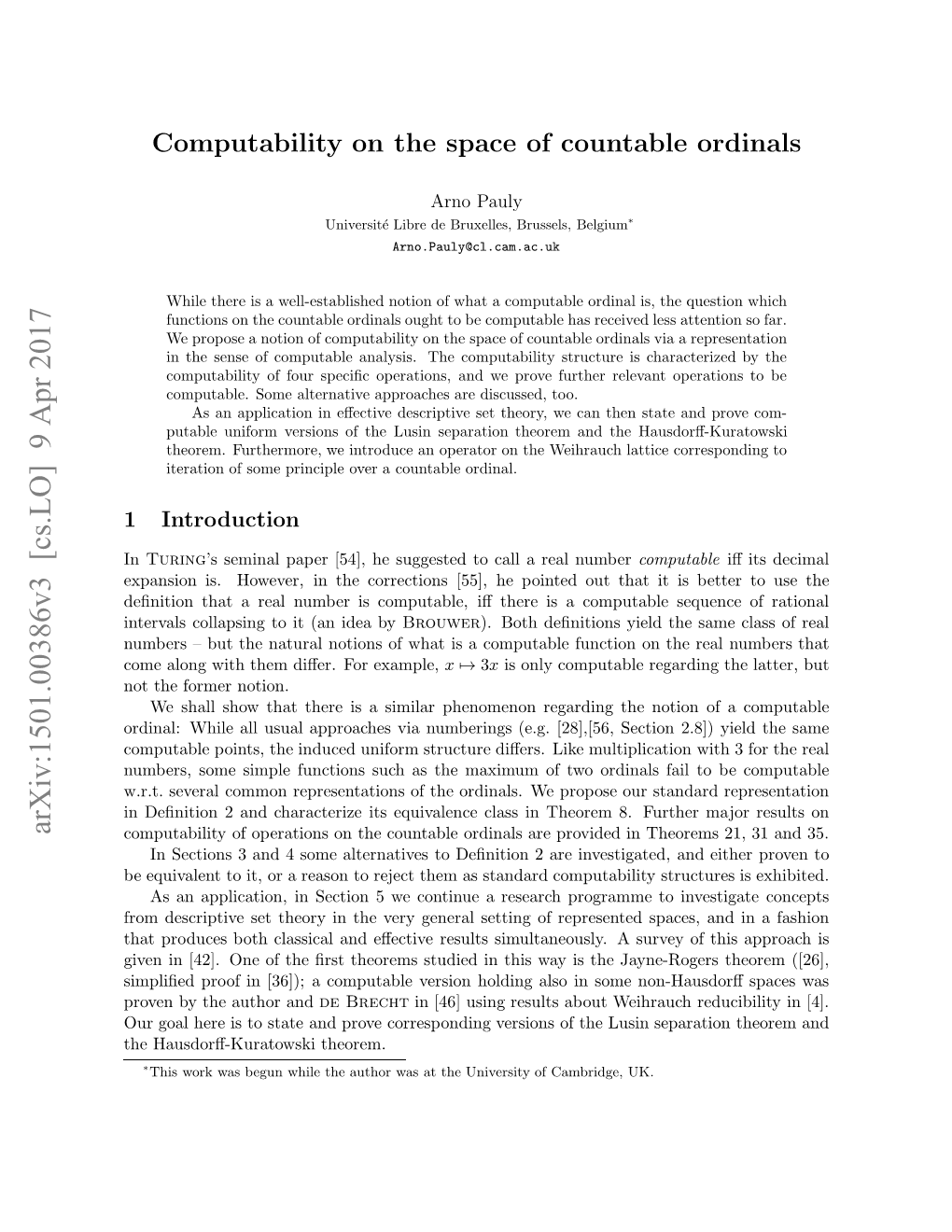 Computability on the Space of Countable Ordinals